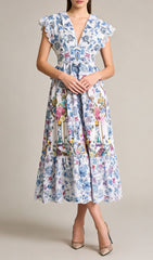 Jamiya Blue Floral Ruffle Midi Dress