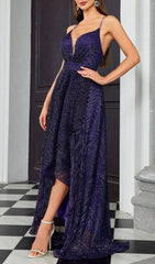 Halle Glamorous Purple Sparkle High-Low Maxi Dress