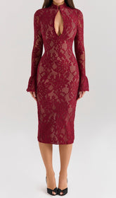 Elegant Red Lace Long Sleeve Midi Dress