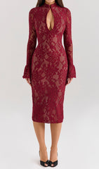 Elegant Red Lace Long Sleeve Midi Dress
