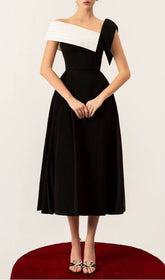 Damia Black Asymmetric Skew Collar Midi Dress