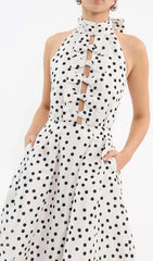 Derora Chic Polka Dot Halter Midi Dress with Bow Cutouts & Pockets