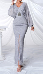 Cecilie Shimmering Beaded V-Neck Maxi Dress