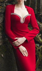 Elle Red Diamond Embellished Long Sleeve Bodycon Maxi Dress
