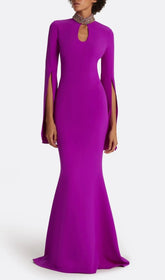 Ellema Dazzling Purple Embellished Long Sleeve Maxi Gown