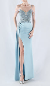 Chofa Sky Blue Beaded Corset Gown
