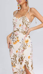 Flirtatious Floral Print Midi Dress with Strappy Accents