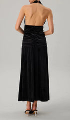 Faro Elegant Black Halterneck Ruched Maxi Dress