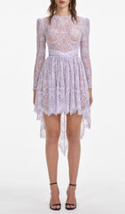 Romantic Lilac Lace High-Low Mini Dress with Satin Waist