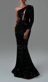 Glamorous Black Sequin One-Shoulder Mermaid Maxi Dress