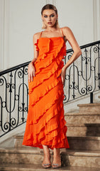 Vibrant Orange Ruffled Maxi Dress with Adjustable Straps & Side Slit