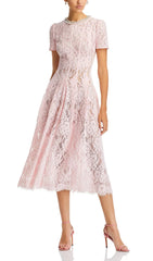 Elegant Pink Lace Embellished Fit-and-Flare Midi Dress