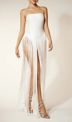 Rendor Showstopper White Strapless Fringe Bandage Maxi Dress