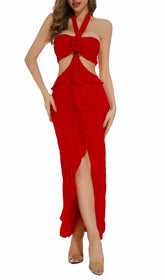 Buddug Red Halter Cutout Maxi Dress