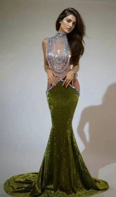 Shelyn Dazzling Emerald Velvet Rhinestone Mermaid Maxi Gown