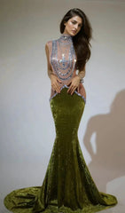 Shelyn Dazzling Emerald Velvet Rhinestone Mermaid Maxi Gown