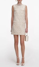 Janessa Sparkle Tweed Mini Dress with Pearl Trim