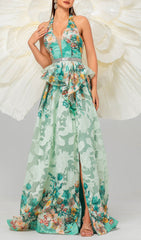 Brona Green Halter Neck Floral Maxi Dress with Thigh Slit & Peplum Detail