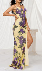 Finnea Glamorous Yellow Sequin Floral Maxi Dress with High Slit