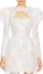 Beltran White Butterfly Lace Mini Dress with Statement Puff Sleeves