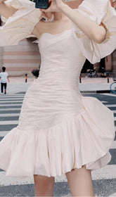 Colina Elegant White Sweetheart Ruched Mini Dress with Voluminous Puff Sleeves