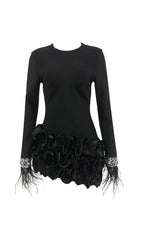 Cardea Luxe Black Crystal Feather Ruffle Mini Dress for Women