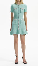 Arleth Chic Mint Green Tweed Mini Dress with Pearl Embellishments