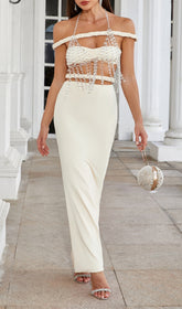 Sparkling Dominica Ivory Crystal Halter Bardot Maxi Gown
