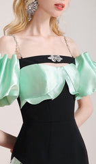 Cielo Chic Black & Mint Off-Shoulder Feather Mini Dress