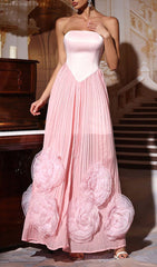Florinda Pink Strapless Pleated Maxi Dress with 3D Chiffon Floral Appliqus