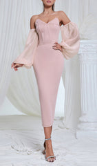 Cyane Blush Pink Off-Shoulder Corset Midi Dress with Puff Sleeves