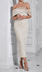 Cira Elegant Off-Shoulder Jacquard Midi Dress