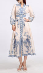 Emilee Chic Blue & White Porcelain Print Midi Dress
