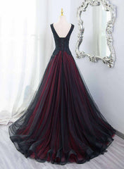 Vestido formal largo con cuentas, escote en V, negro y rojo