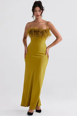 Glamorous Chartreuse Feather-Trim Strappy Maxi Dress