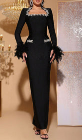 Harena Glamorous Black Diamante Bandage Maxi Dress with Feather Cuffs