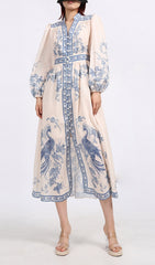 Emilee Chic Blue & White Porcelain Print Midi Dress