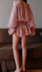 Darragh Elegant Blush Off-Shoulder Ruffle Skort Romper