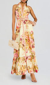 Derval Elegant Floral Halter Maxi Dress for Women