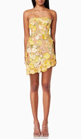 Destinee Yellow Floral Dream Embellished Strapless Mini Dress