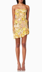 Destinee Yellow Floral Dream Embellished Strapless Mini Dress