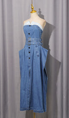 Isako Chic Strapless Denim Midi Dress with Belt
