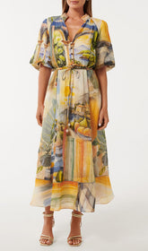 Deserae Mediterranean Muse Artistic Print Midi Dress