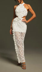 Festus White Ruffled Lace Halterneck Cutout Maxi Dress