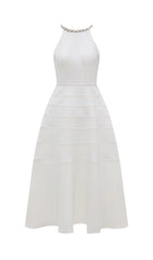 Freja White Diamante Halter Midi Dress