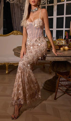 Dazzling Apricot Sequin Fringe Maxi Dress