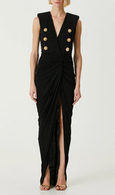 Delphia Black Gold Button Slit Maxi Dress