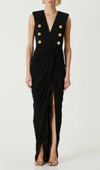 Delphia Black Gold Button Slit Maxi Dress