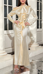 Berkley Elegant Champagne Satin Ruffle Cold Shoulder Maxi Dress