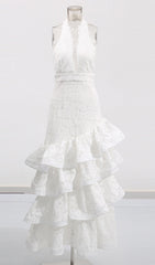Ellie White Halter Lace Tiered Ruffle Maxi Dress